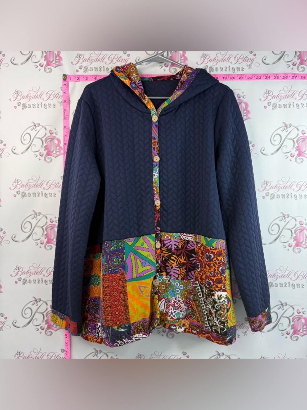 Jacket patchwork Trim Hooded Quilted Jacket - Patchwork With a Base Navy Blue